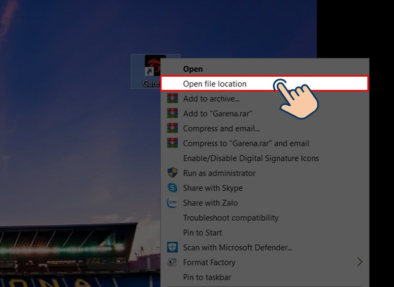 Nhấn chuột phải vào biểu tượng Garena, chọn Open file location.