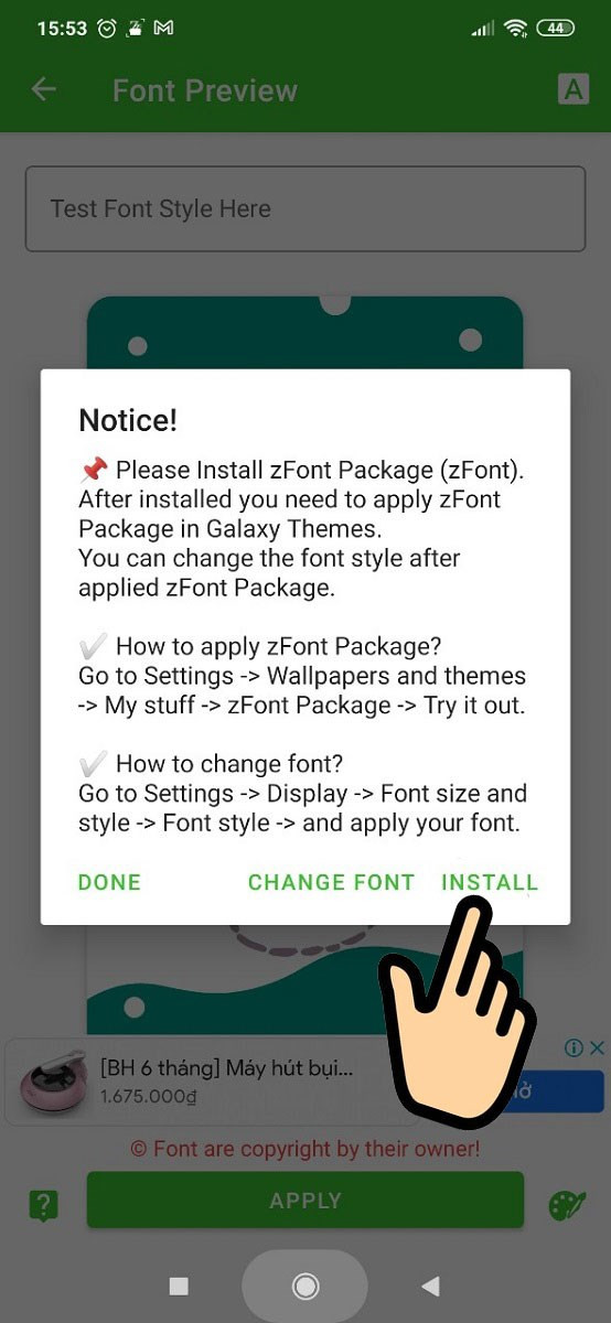 Nhấn Install trong Zfont3