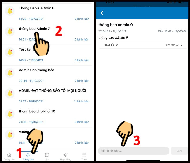 Nhấn vào mục Thông báo và viết bình luận