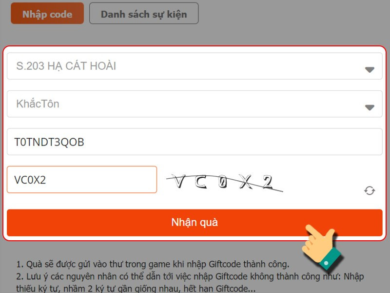 Nhập code đổi quà