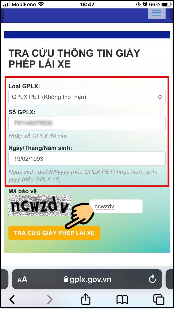 Nhập đầy đủ các thông tin trên, nhấn nút Tra cứu giấy phép lái xe