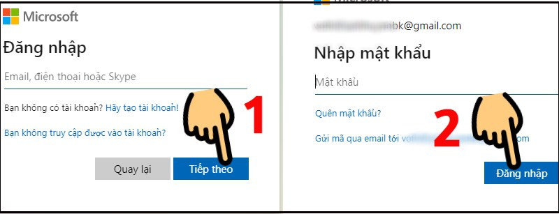 Nhập email/số điện thoại/Skype, nhấn Tiếp theo và nhập mật khẩu, nhấn Đăng nhập