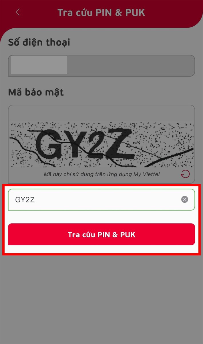 Nhập mã bảo bật và nhấn Tra cứu PIN & PUK