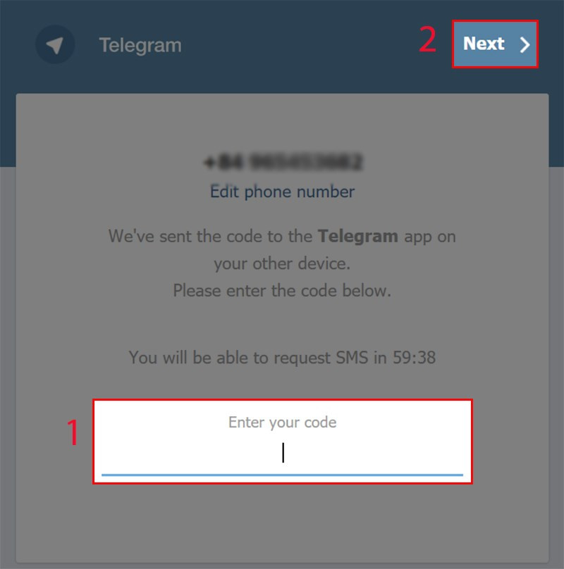 Nhập mã code Telegram