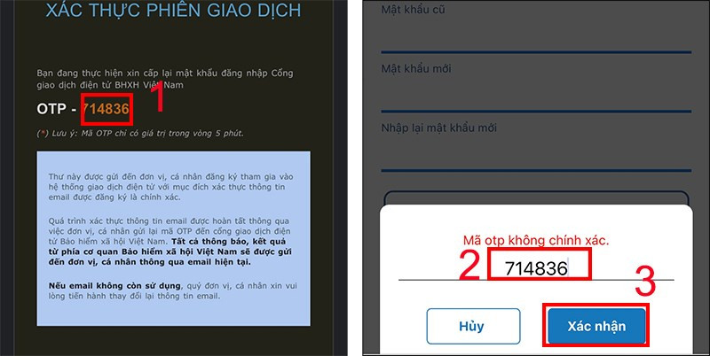 Nhập mã OTP được gửi đến email và chọn Xác nhận