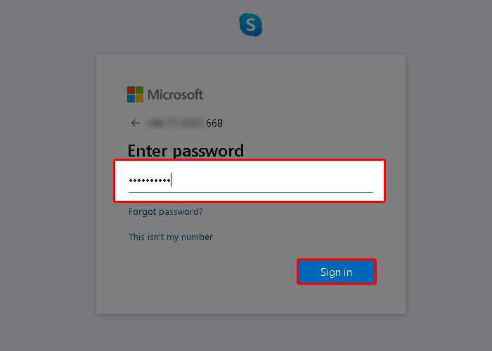 Nhập mật khẩu và đăng nhập Skype Web