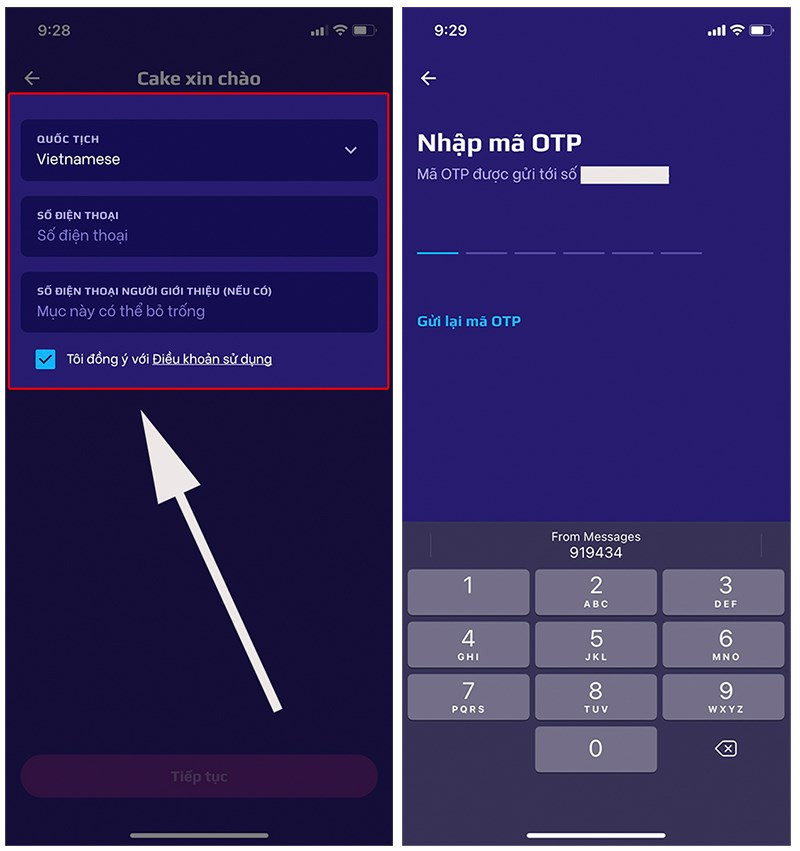 Nhập số điện thoại và OTP