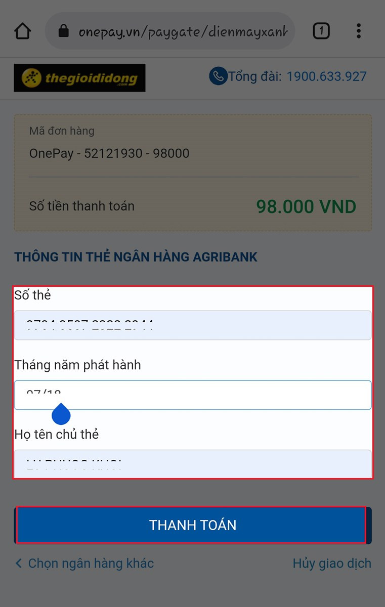 Nhập thông tin thẻ Ngân hàng