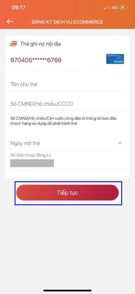 Nhập thông tin thẻ trên ứng dụng Agribank E-Mobile Banking