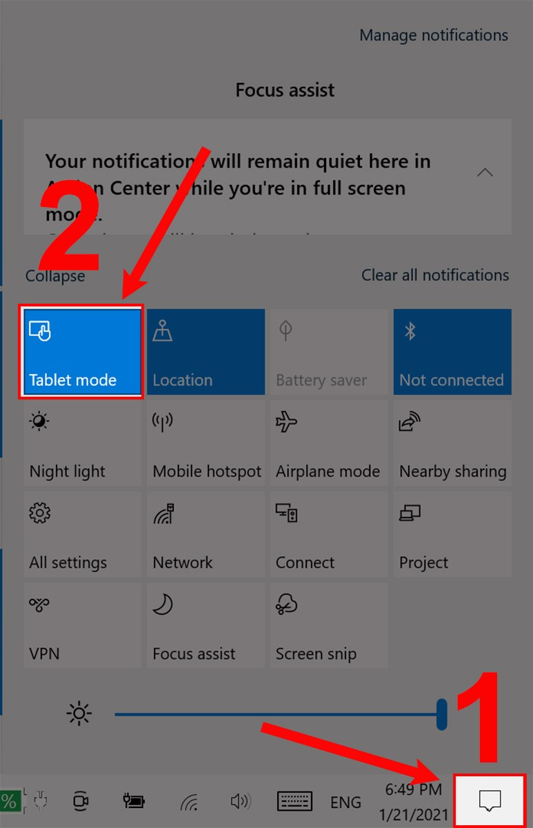 Nhấp vào biểu tượng thông báo và chọn Tablet Mode.