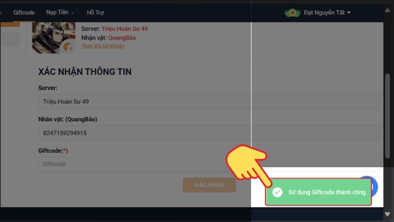 Sử dụng Giftcode thành công