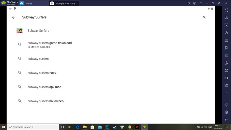 Tại &ocirc; search bạn nhập Subway Surfers v&agrave; bấm Enter