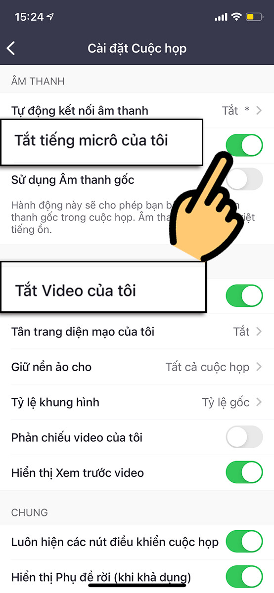 Tắt mic, camera trong cài đặt