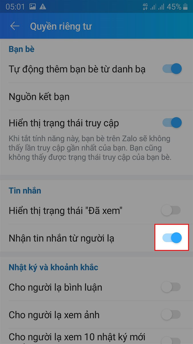 Tắt tin nhắn người lạ