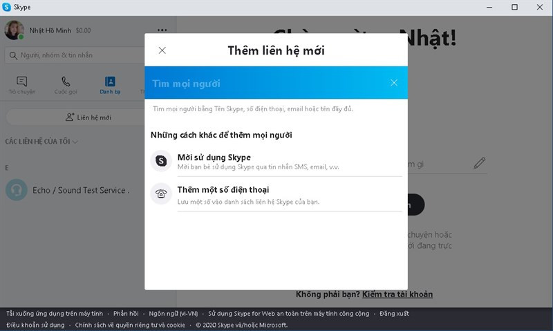 Thêm liên hệ Skype Web