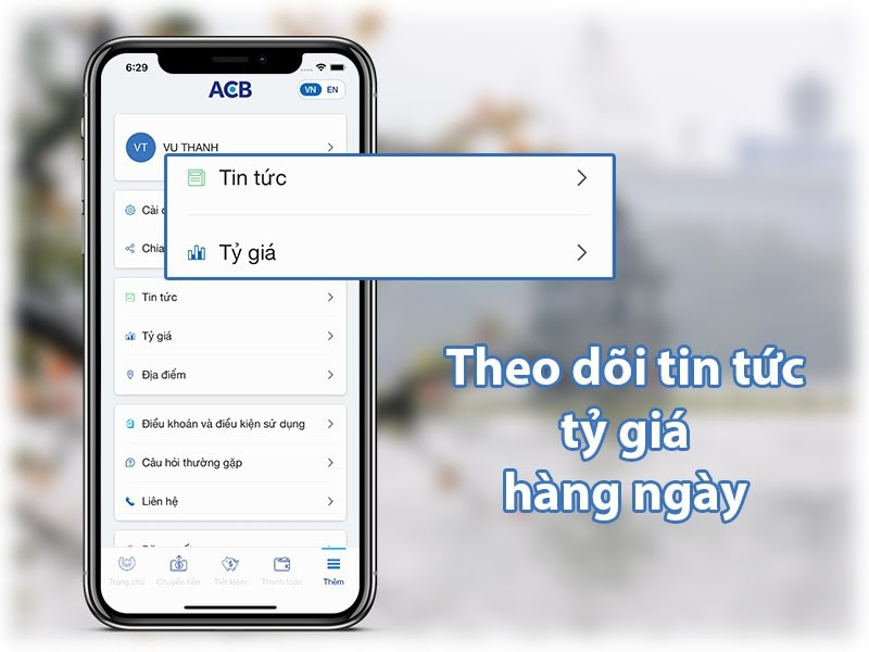 Theo dõi tỷ giá trên ACB Online Banking