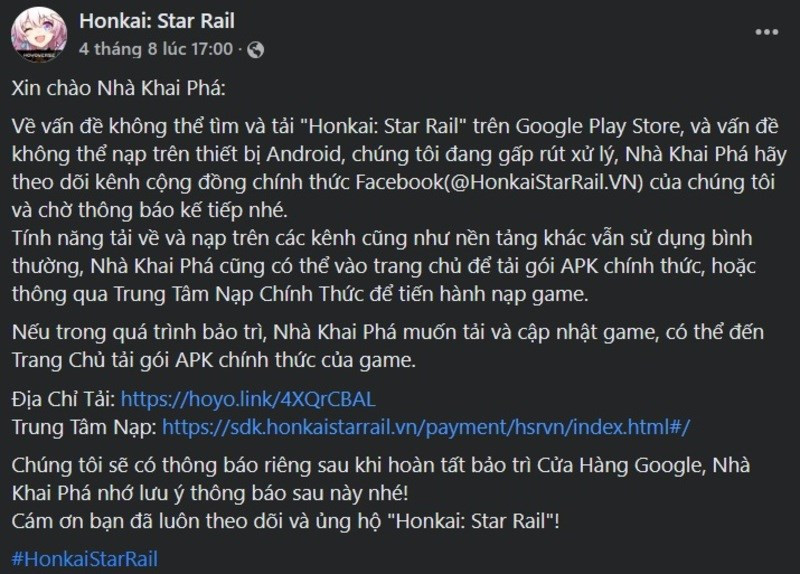 Thông báo chính thức từ nhà phát hành về việc gỡ bỏ Honkai: Star Rail khỏi CH Play