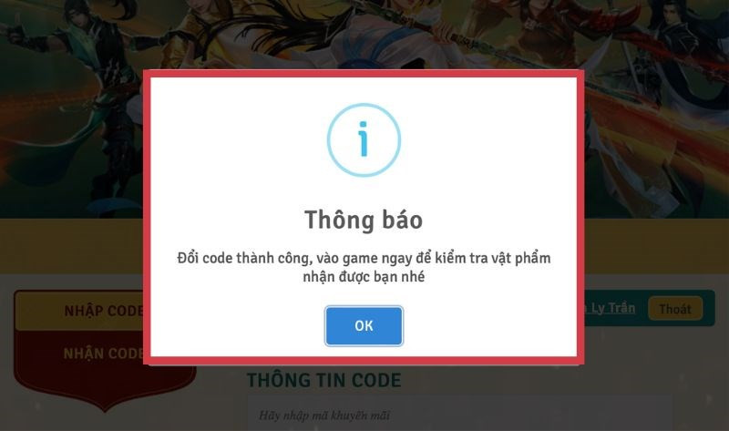 Thông báo nhập code thành công