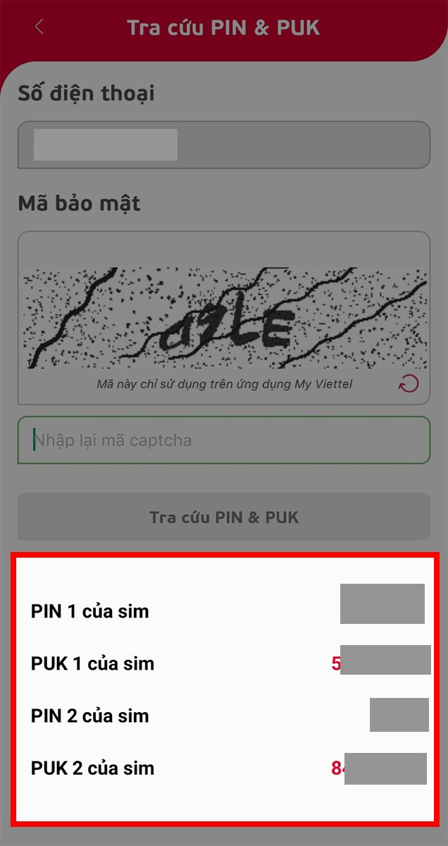 Thông tin mã PIN, PUK hiển thị trên My Viettel