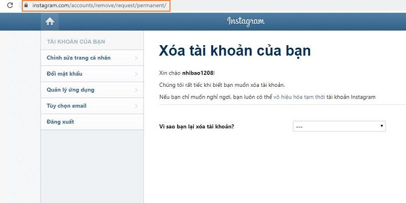 Truy cập vào trang yêu cầu xóa tài khoản Instagram