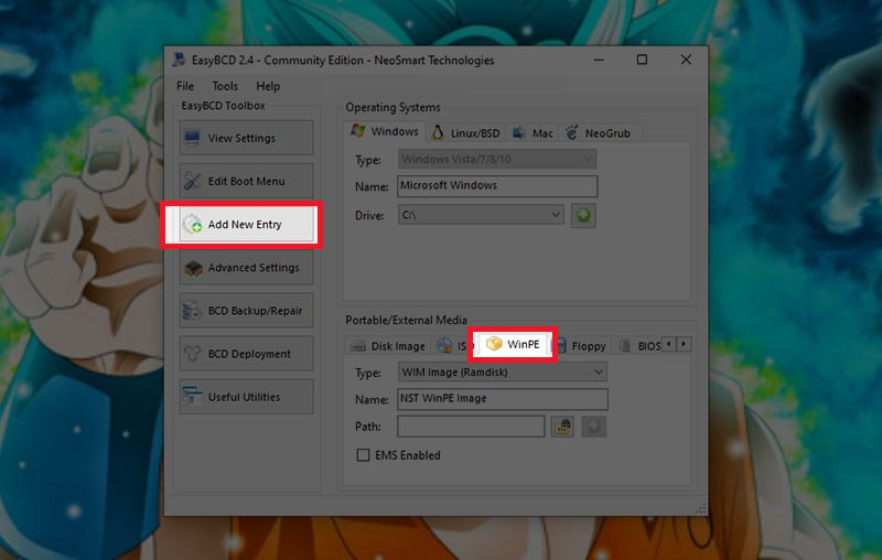 vào Add New Entry chọn WinPE