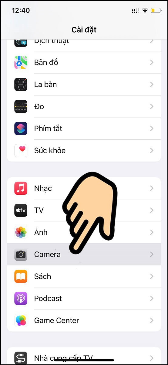 Vào Cài đặt và chọn Camera