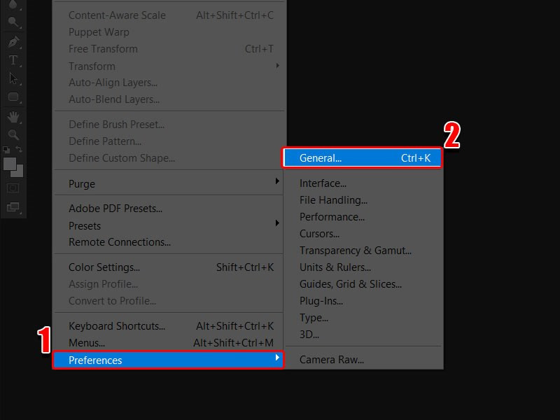 Vào Preferences trong Photoshop