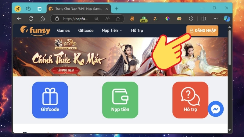 Vào website napfun.vn và chọn Đăng nhập