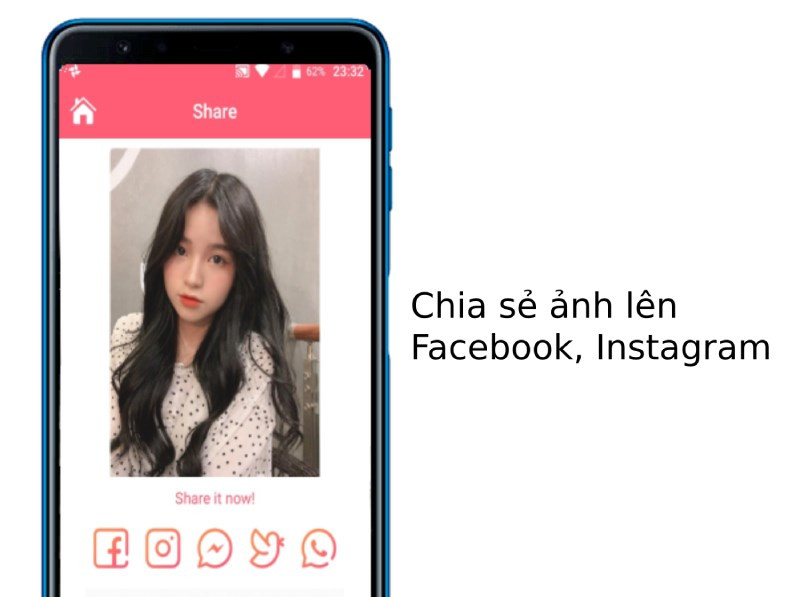 Ví dụ về chia sẻ ảnh đã chỉnh sửa lên mạng xã hội từ Crown Heart Photo Editor.