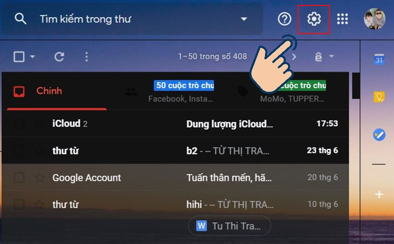 v&agrave;o Gmail v&agrave; chọn v&agrave;o icon răng cưa.