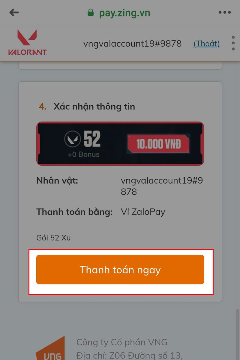 Xác nhận và thanh toán