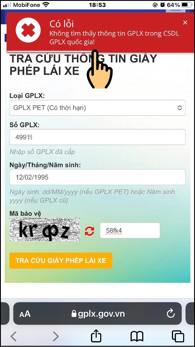 Xem thông báo Không tìm thấy thông tin GPLX trong CSDL GPLX quốc gia!