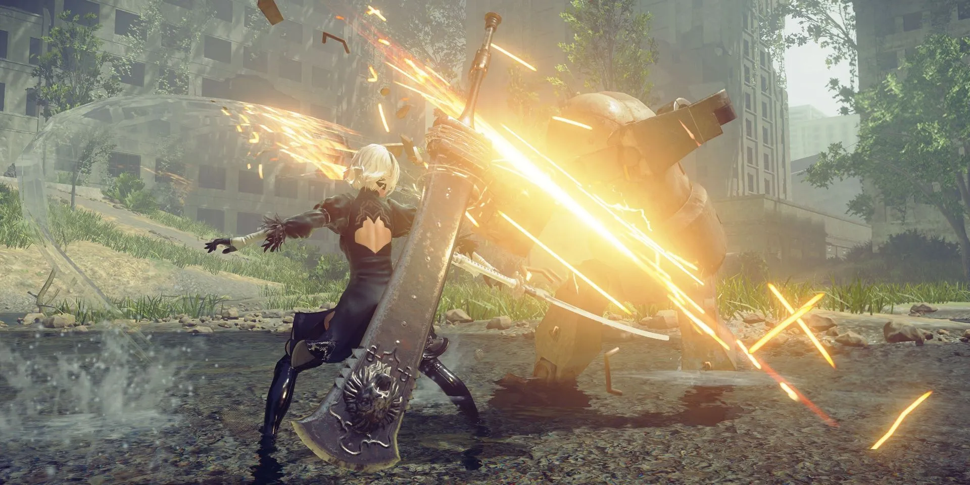 2B attacks a machine in NieR Automata