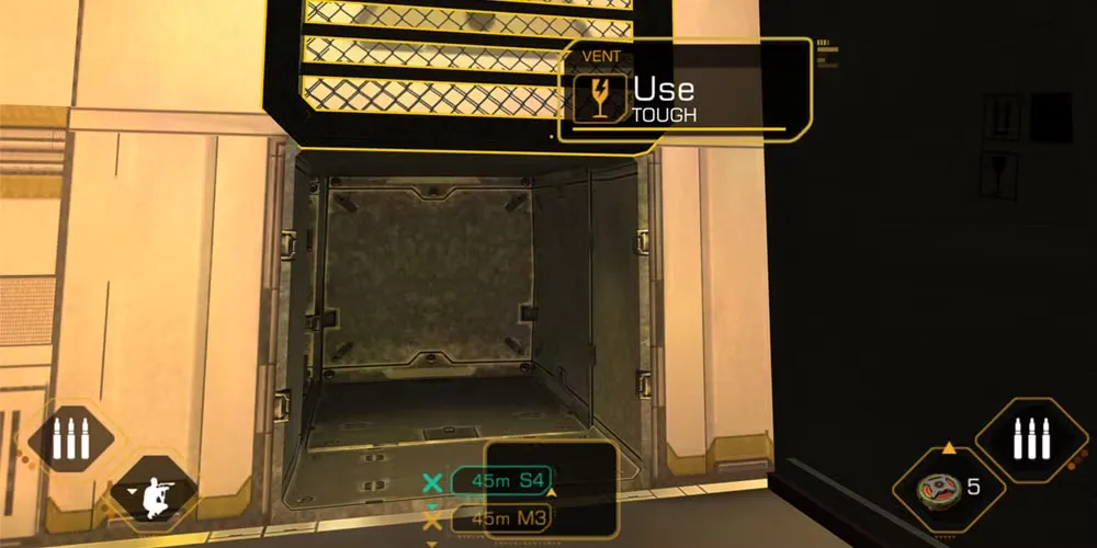 Adam Jensen bên cạnh một ống thông gió trong Deus Ex Human Revolution