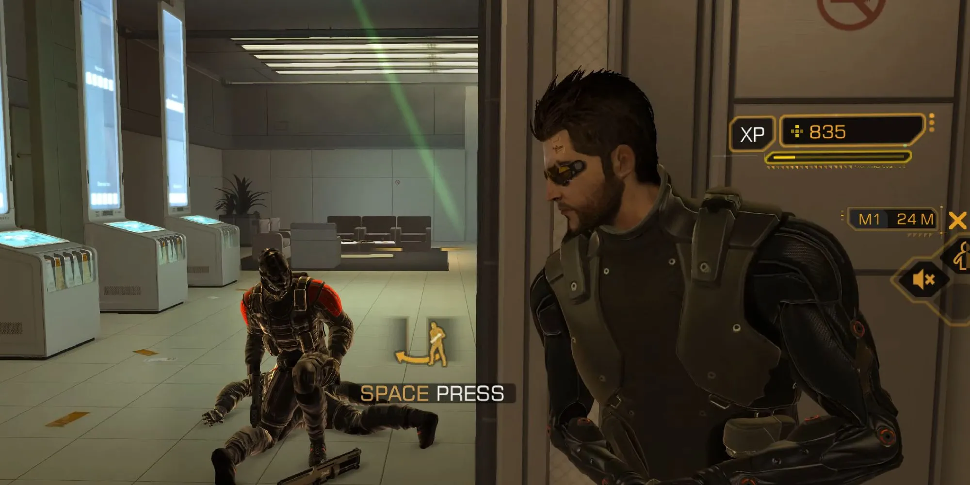 Adam Jensen nhìn ra quang cảnh thành phố Detroit tương lai trong Deus Ex: Human Revolution