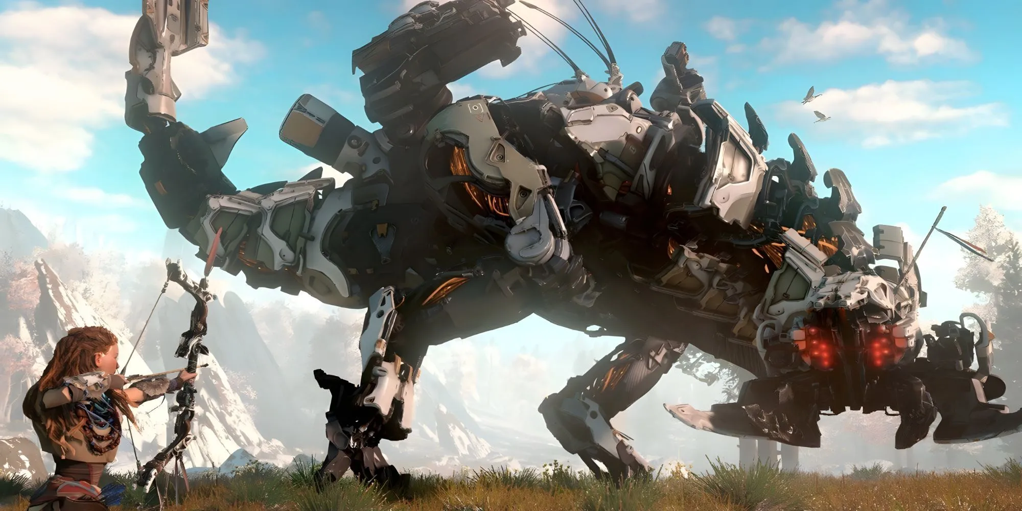 Aloy chiến đấu với một Thunderjaw khổng lồ trong thế giới hậu tận thế của Horizon Zero Dawn.