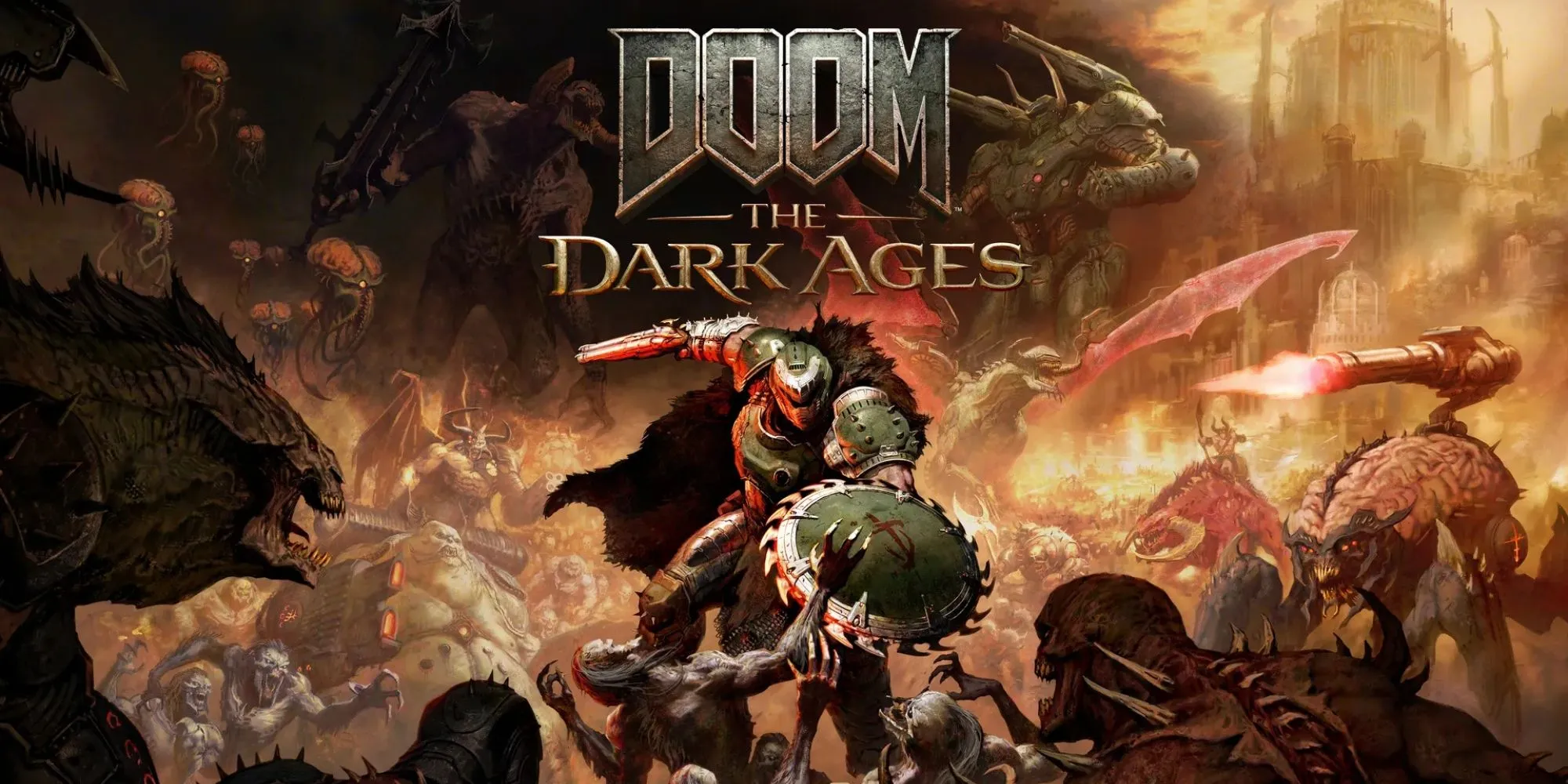Ảnh bìa game Doom: The Dark Ages với Doom Slayer cầm khiên và rìu