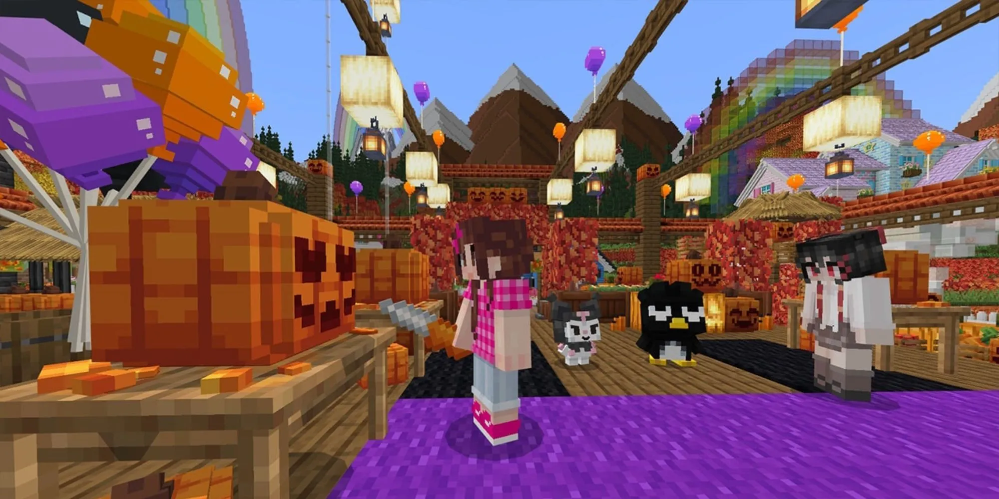 Ảnh chụp màn hình DLC Minecraft Hello Kitty and Friends thể hiện các nhân vật và vật phẩm theo chủ đề
