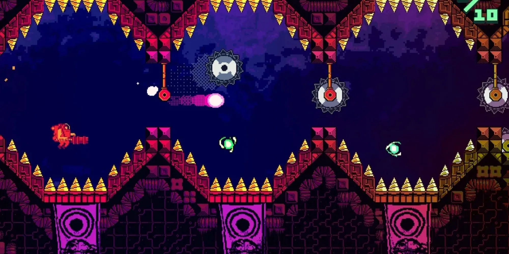 Ảnh chụp màn hình game ATOMIK RunGunJumpGun, nhân vật chính bắn súng xuống đất để bay lên trong môi trường pixel art neon đầy chướng ngại vật.
