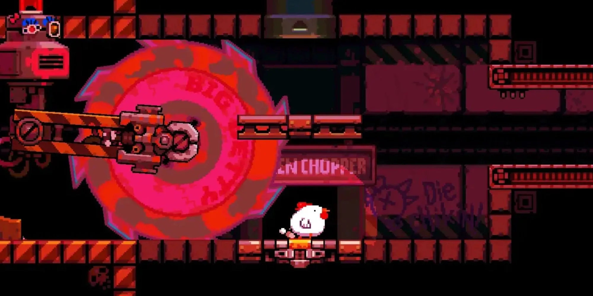 Ảnh chụp màn hình game Bomb Chicken, chú gà nhân vật chính đang đẻ ra các quả bom để di chuyển lên cao.