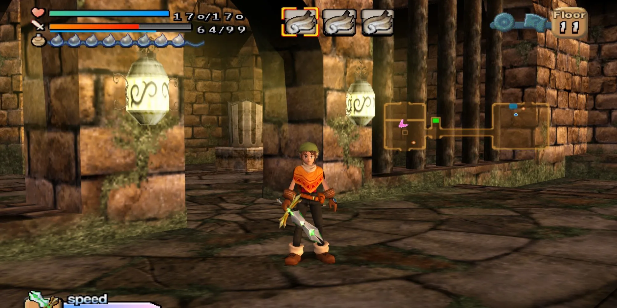 Ảnh chụp màn hình game Dark Cloud trên PS2 hiển thị nhân vật đang chiến đấu trong hầm ngục