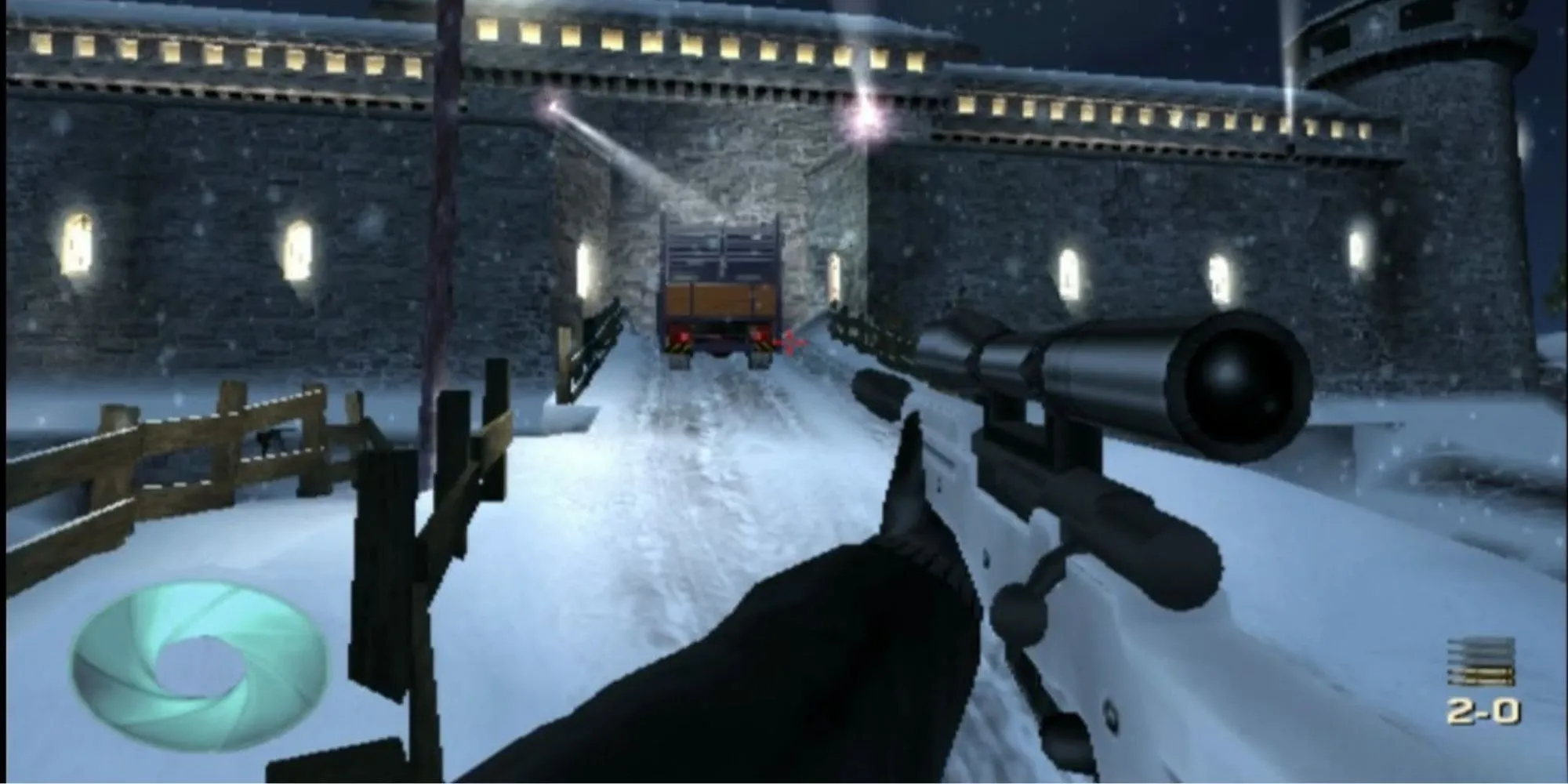 Ảnh chụp màn hình game James Bond 007 Nightfire trên PS2 với cảnh hành động bắn súng góc nhìn thứ nhất