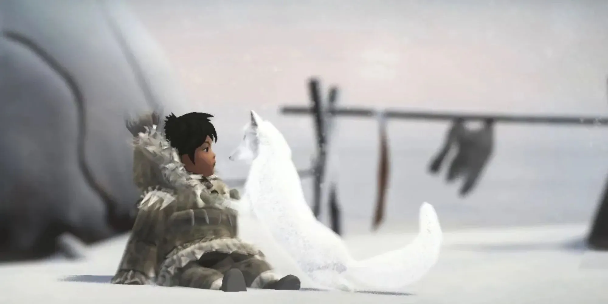 Ảnh chụp màn hình game Never Alone, thể hiện nhân vật chính người Iñupiat và bạn đồng hành cáo vượt qua bão tuyết, lấy cảm hứng từ folklore Alaska