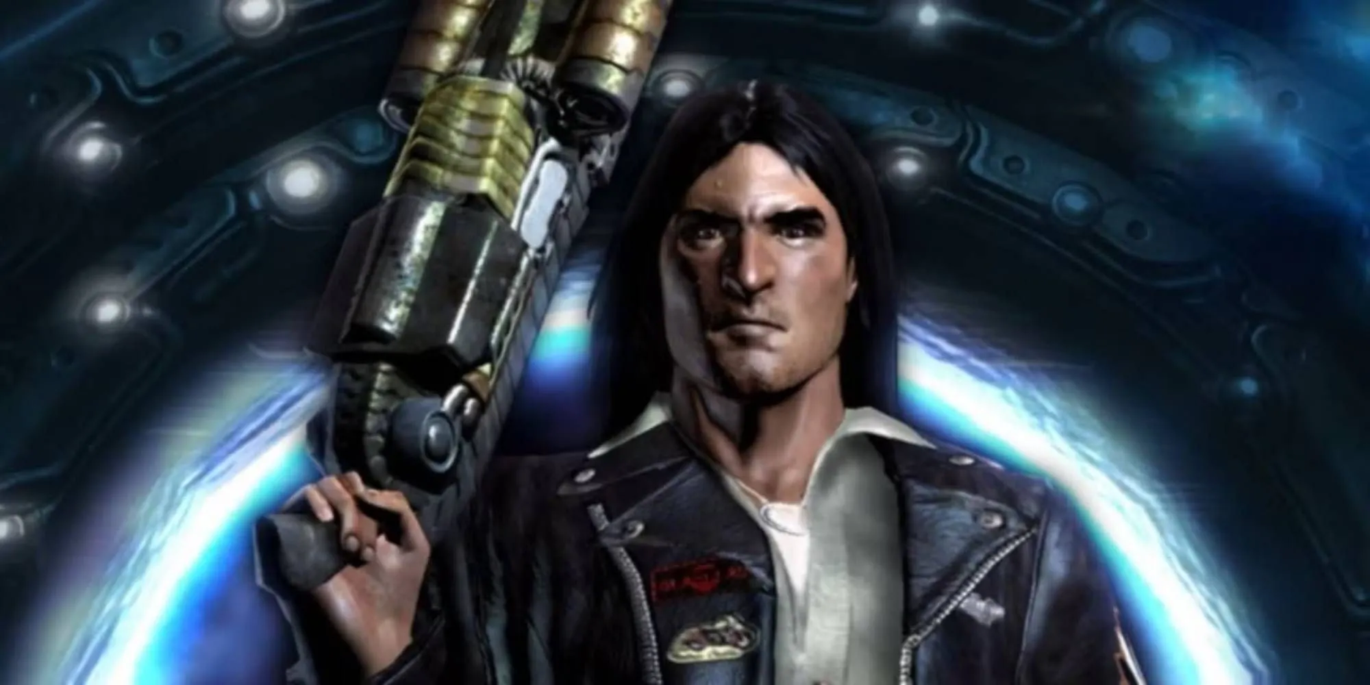 Ảnh chụp màn hình game Prey (2006), hiển thị nhân vật chính Tommy chiến đấu với kẻ địch ngoài hành tinh