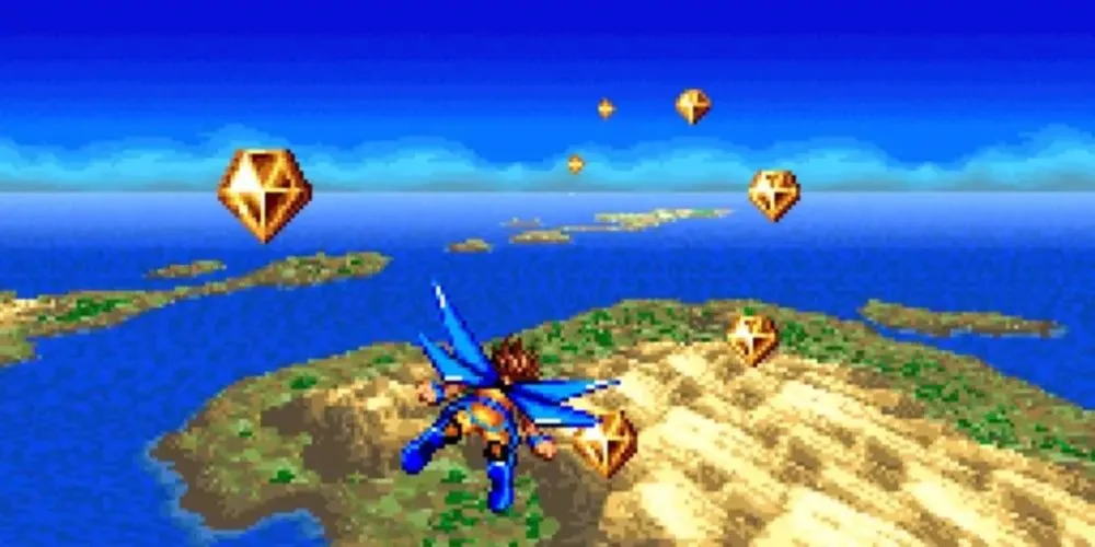 Ảnh chụp màn hình game Skyblazer trên SNES với nhân vật bay lượn