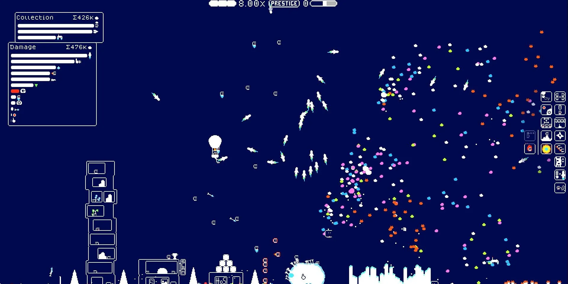 Ảnh chụp màn hình game (the) Gnorp Apologue với nhiều Gnorp, tên lửa và mảnh đá bay tung tóe thể hiện sự hỗn loạn thú vị