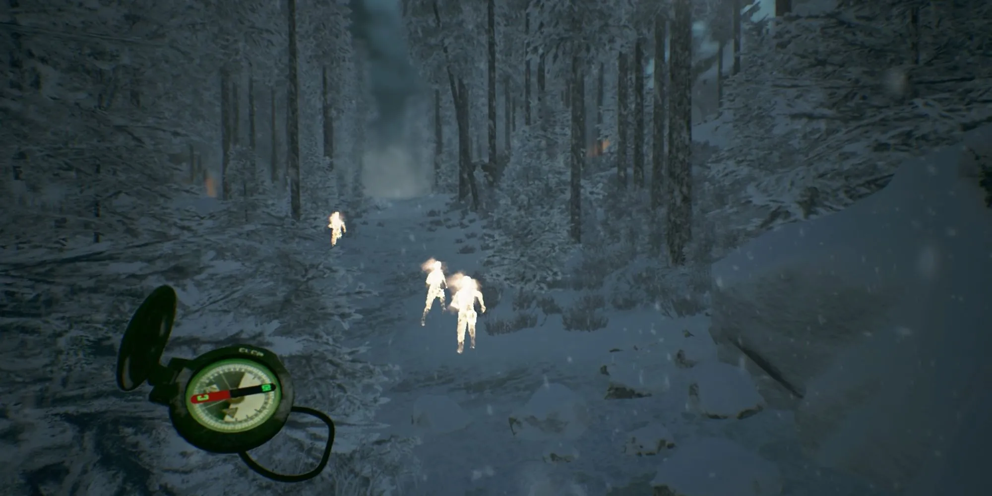 Ảnh chụp màn hình gameplay của Kholat với khung cảnh núi tuyết âm u