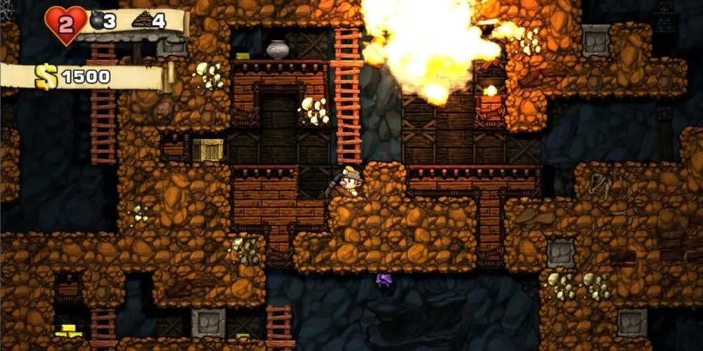 Ảnh chụp màn hình gameplay của Spelunky với nhân vật chính và các khối đá