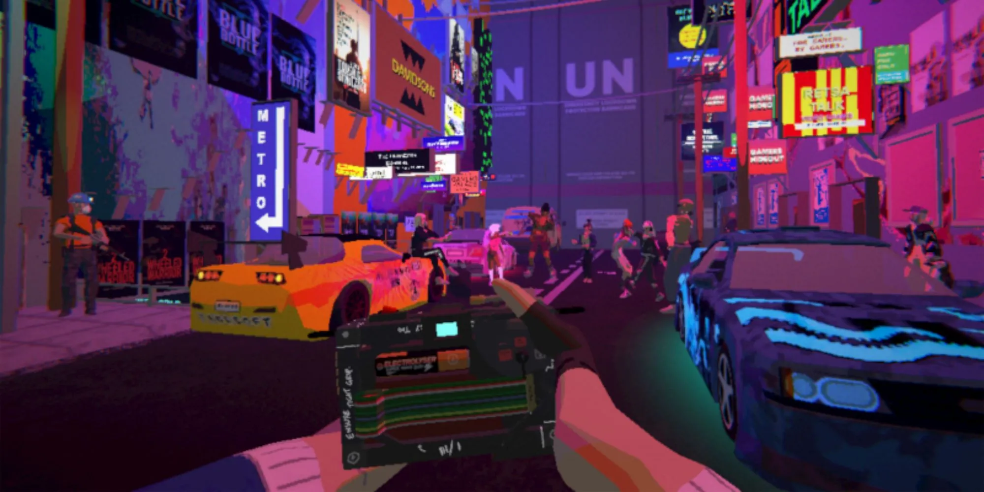 Ảnh chụp màn hình gameplay game Umurangi Generation, mô tả phong cách chụp ảnh đường phố trong bối cảnh tương lai lấy cảm hứng từ văn hóa Maori