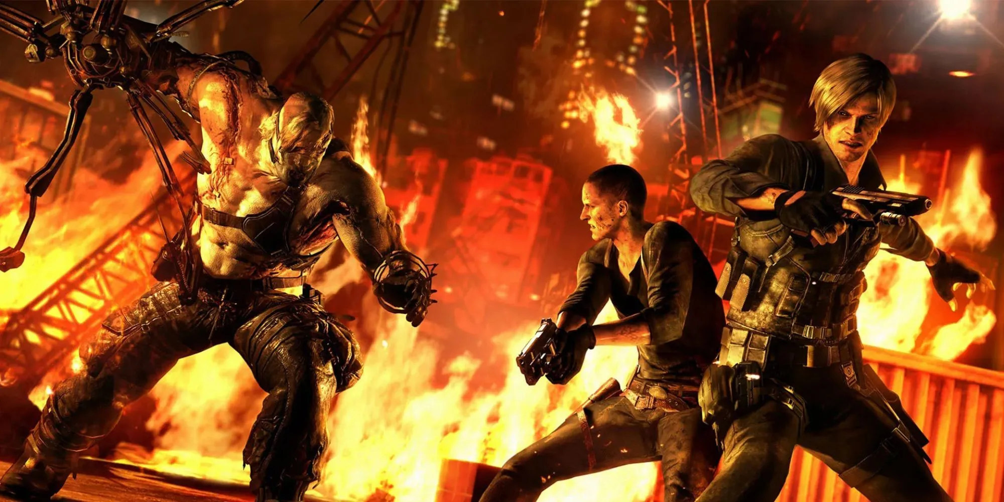 Ảnh chụp màn hình một cảnh hành động trong Resident Evil 6 với các nhân vật quen thuộc